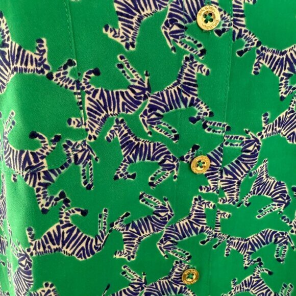 Lilly Pulitzer Green Blue Zebra Print Collared Button Down Blouse Shirt Top Sz M - Picture 6 of 9
